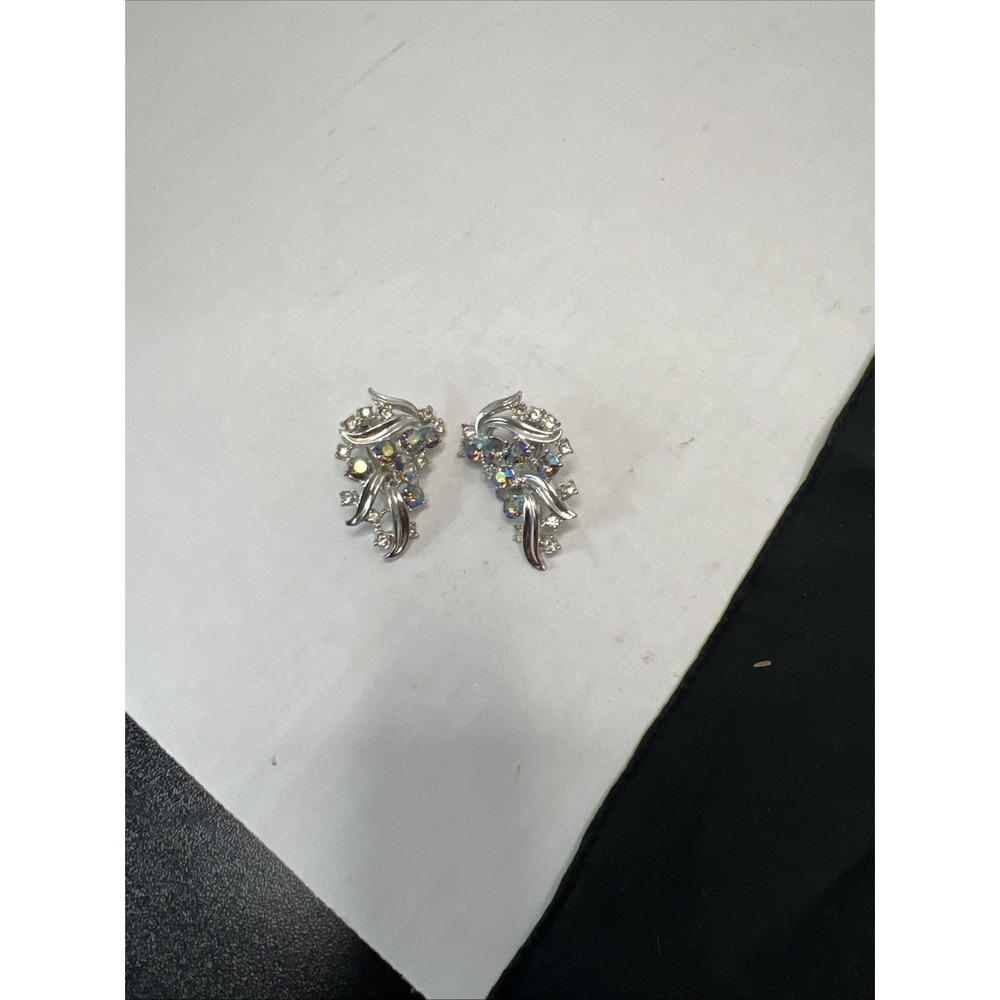 Coro Rhinestone Clip-On Earrings Vintage Aurora Borealis Glass Wings Leaves